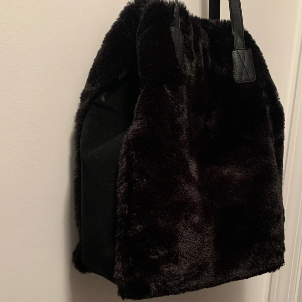 Black Faux Fur Tote with Leather Straps